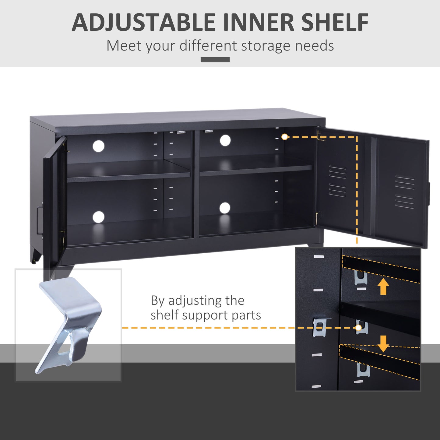 Industrial TV Cabinet Stand Media Centre Steel Shelf Doors Storage System DVD Recorder Receiver Unit - Black