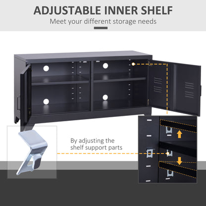 Industrial TV Cabinet Stand Media Centre Steel Shelf Doors Storage System DVD Recorder Receiver Unit - Black