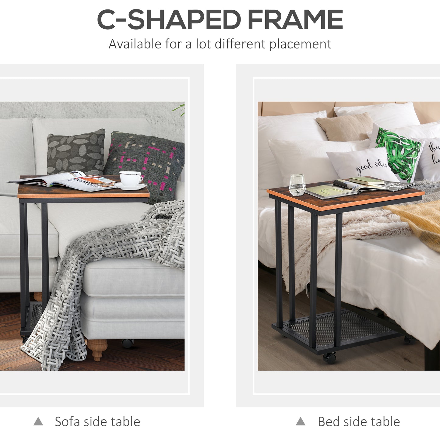 Mobile Sofa Side End Coffee Table C Shape Laptop Stand Metal Frame Rolling Castors Storage Wooden Trolley