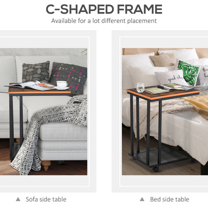 Mobile Sofa Side End Coffee Table C Shape Laptop Stand Metal Frame Rolling Castors Storage Wooden Trolley