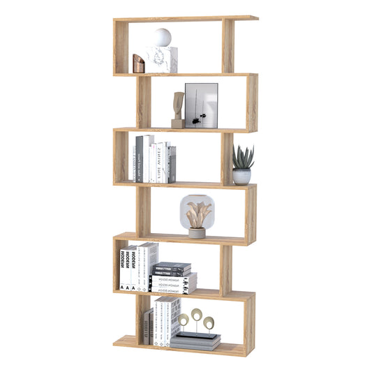Wooden Wood S Shape Storage Display 6 Shelves Room Divider Unit Chest Bookshelf Bookcase Cupboard Cabinet Furniture (Oak)