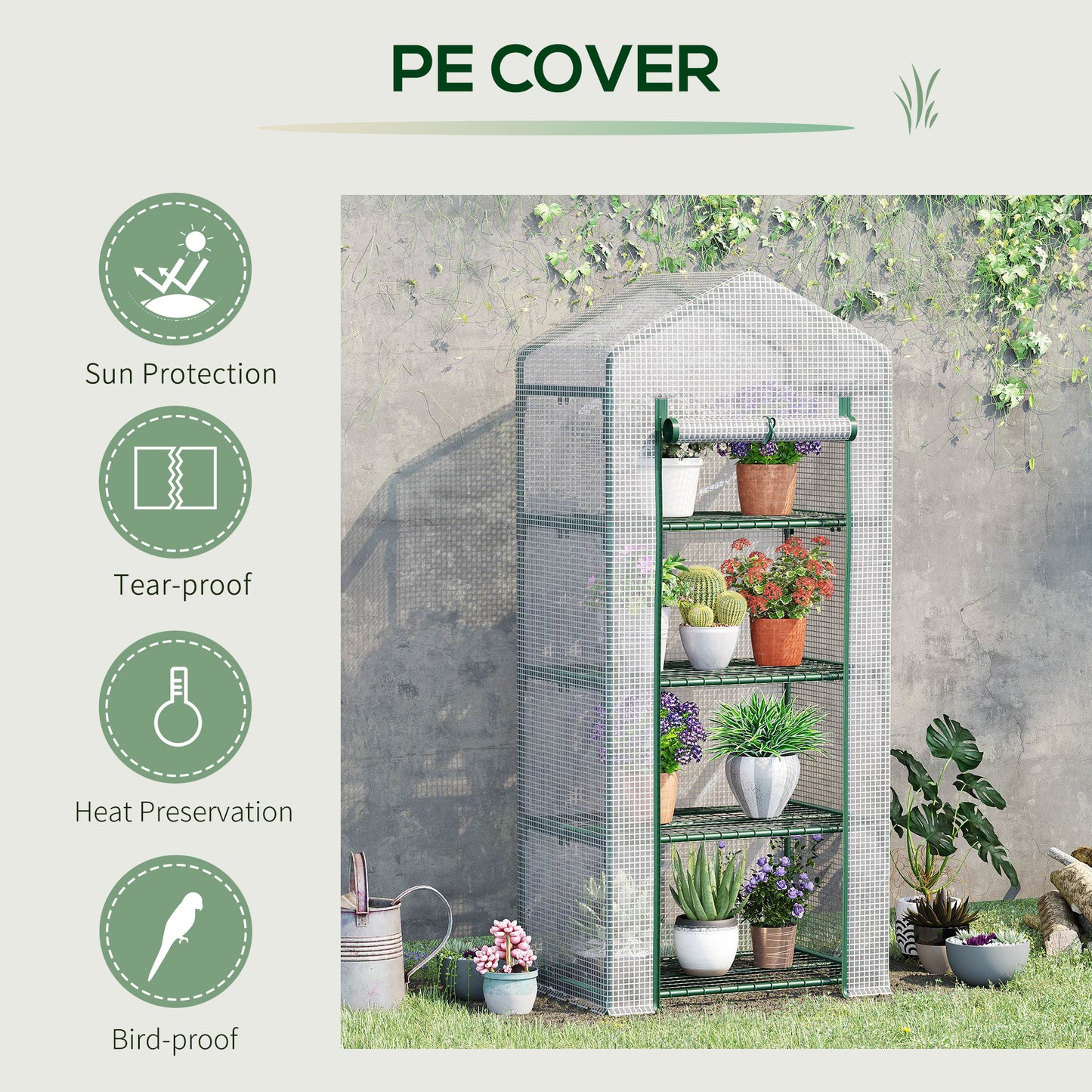 Outsunny 4 Tier Mini Greenhouse, Portable Green House with Steel Frame, PE Cover, Roll-up Door, 70 x 50 x 160 cm, White