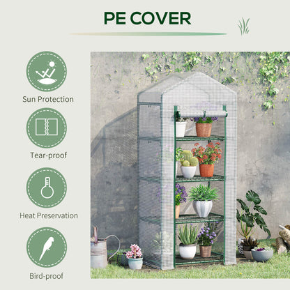 Outsunny 4 Tier Mini Greenhouse, Portable Green House with Steel Frame, PE Cover, Roll-up Door, 70 x 50 x 160 cm, White