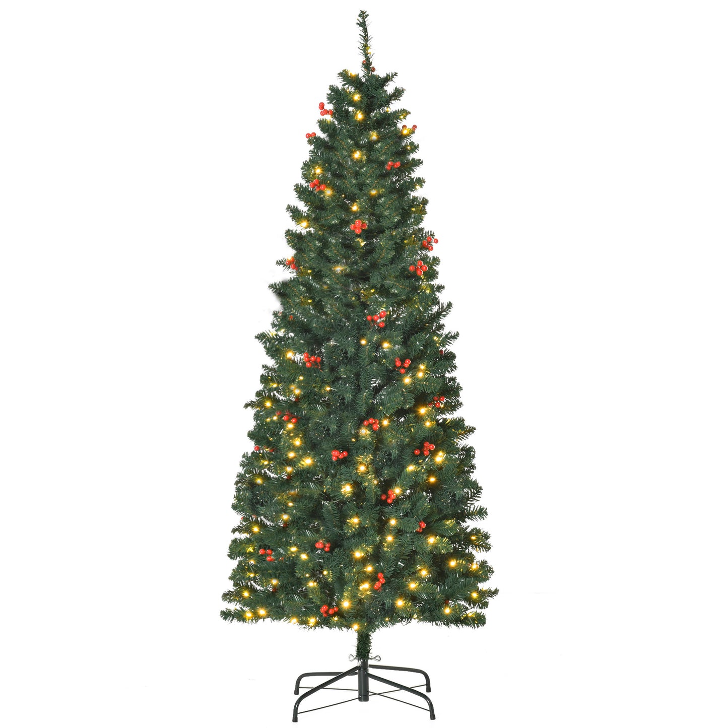 6FT Prelit Artificial Pencil Christmas Tree With Warm White LED Light, Red Berry, Holiday Home Decoration, Green