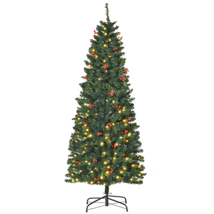 6FT Prelit Artificial Pencil Christmas Tree With Warm White LED Light, Red Berry, Holiday Home Decoration, Green