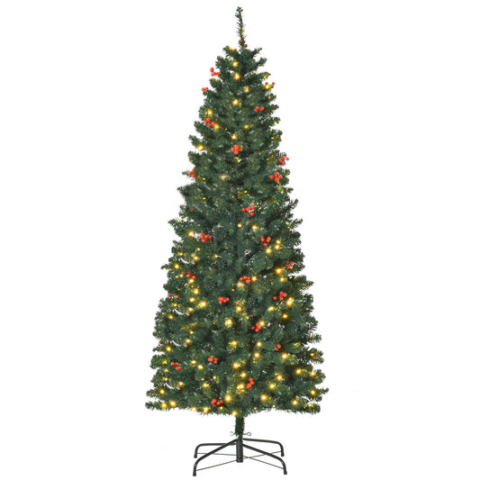 6FT Prelit Artificial Pencil Christmas Tree With Warm White LED Light, Red Berry, Holiday Home Decoration, Green