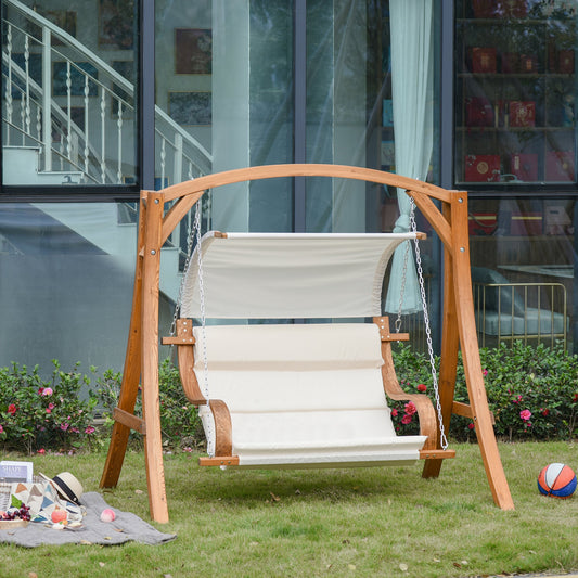 Outsunny Wooden Porch Swing Chair A-Frame Wood Log Swing Bench Chair With Canopy and Cushion for Patio Garden Yard