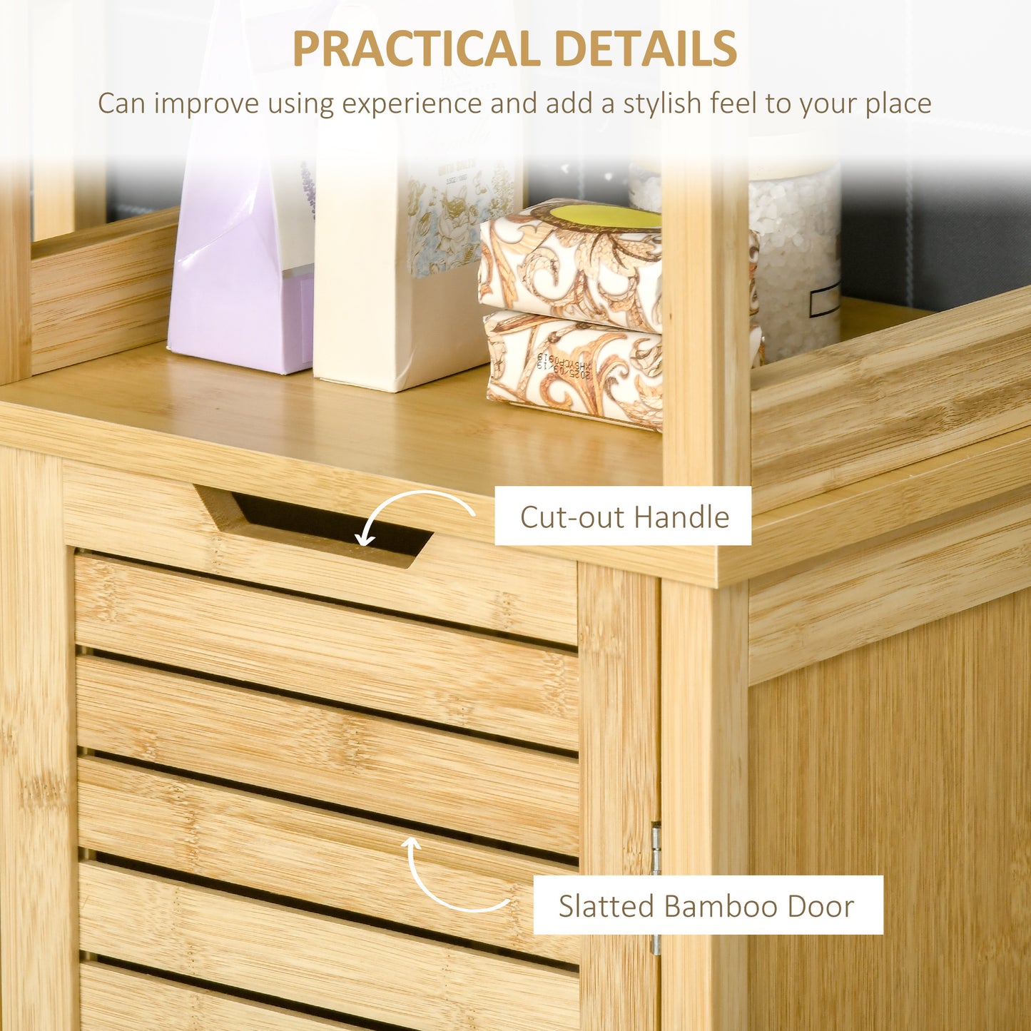 Kleankin Bathroom Floor Cabinet with 3 Shelves and Cupboard, Slim and Freestanding Organiser, Tallboy with Storage, Natural