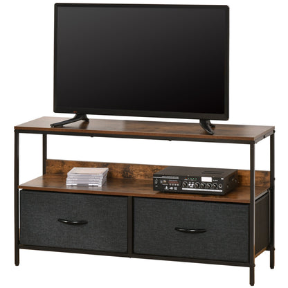 TV Cabinet Console Unit With 2 Foldable Linen Drawers, TV Stand With Shelving For Living Room, Entertainment Room, Rustic Brown