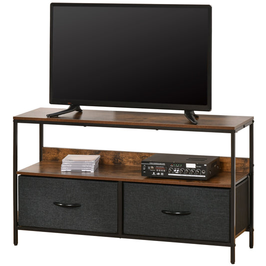 TV Cabinet Console Unit With 2 Foldable Linen Drawers, TV Stand With Shelving For Living Room, Entertainment Room, Rustic Brown