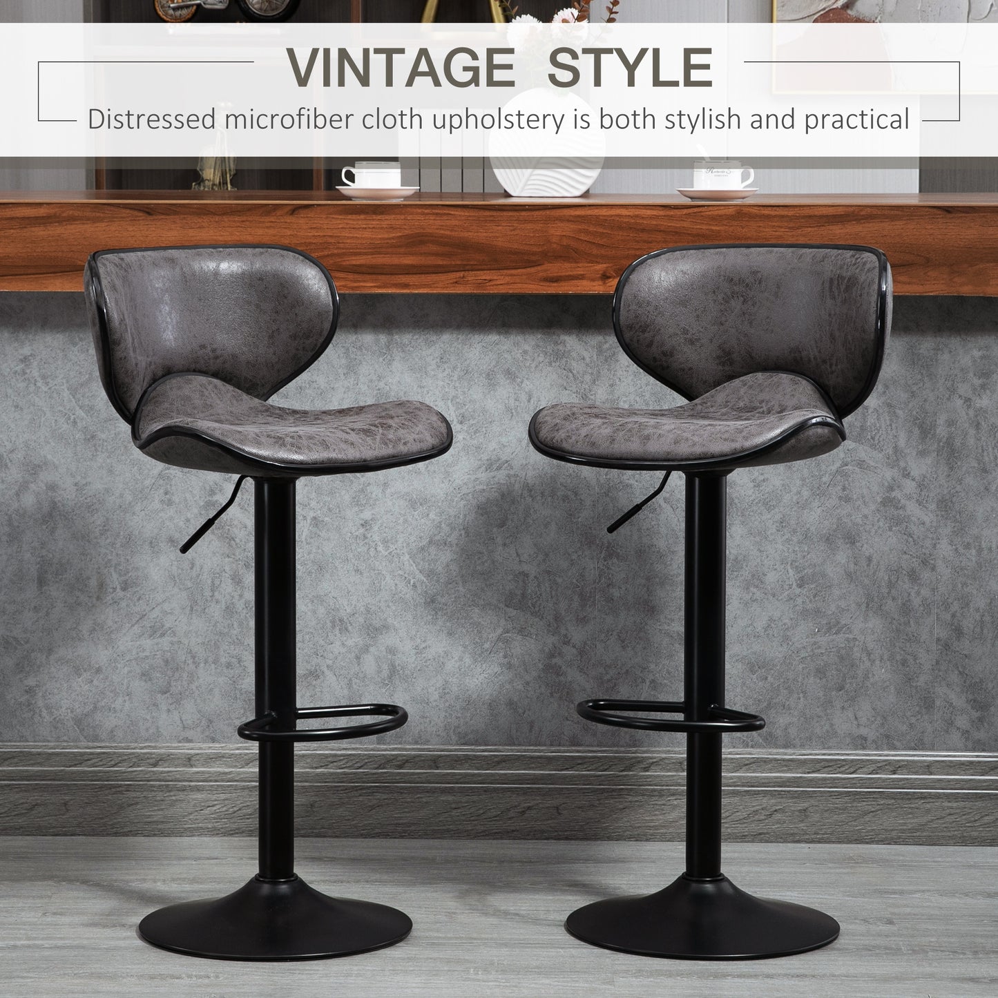 Bar Stool Set of 2 Microfibre Cloth Adjustable Height Armless Chairs with Swivel Seat, Dark Grey