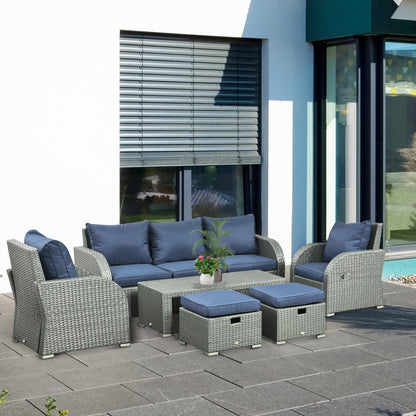 Outsunny 6 Piece Outdoor Rattan Wicker Furniture Set with 3-Seat Sofa, 2 Single Sofas, 2 Footstools and Coffee Table