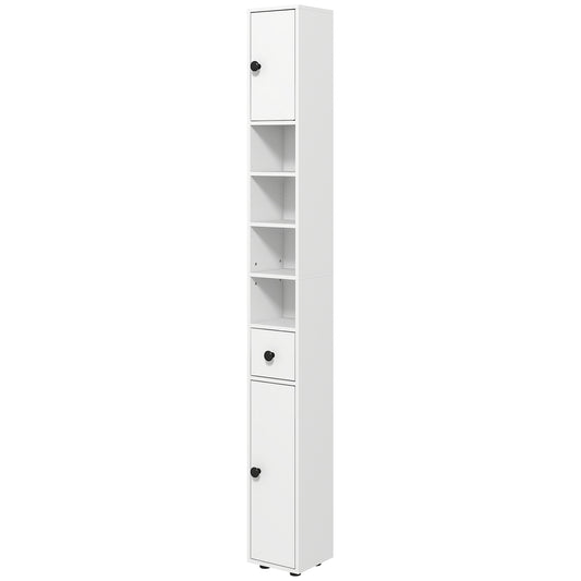 Kleankin 180cm Tall Slim Bathroom Cabinet, Narrow Toilet Roll Storage w/ Open Shelves, 2 Door Cabinets, Adjustable Shelves, for Kitchen, White