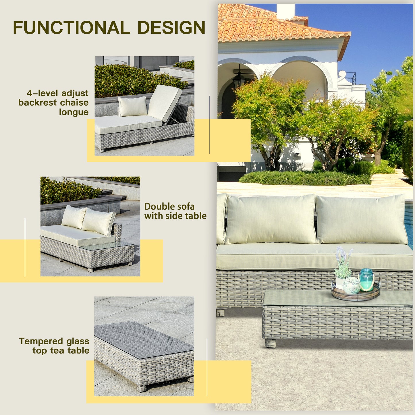 Outsunny 3 Pieces Outdoor PE Rattan Sofa Set, Patio Wicker Sectional Conversation Aluminium Frame Furniture Set, 4-Level Adjust Backrest Chaise Lounge