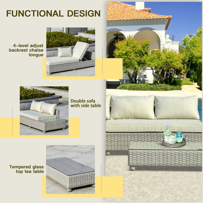 Outsunny 3 Pieces Outdoor PE Rattan Sofa Set, Patio Wicker Sectional Conversation Aluminium Frame Furniture Set, 4-Level Adjust Backrest Chaise Lounge