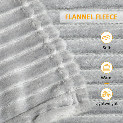 Flannel Fleece Throw Blanket, Fluffy Warm Flannel Blankets, Striped Reversible Travel Bedspread, Single Size, 152 x 127cm, Grey