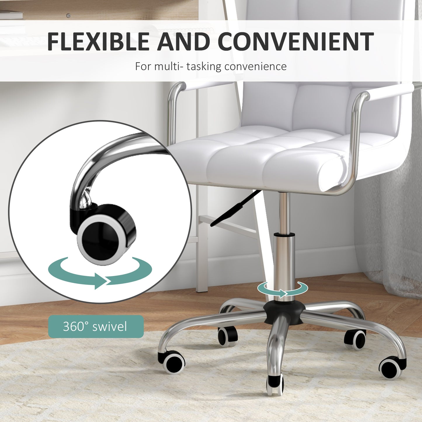 Home Office Chair and Computer Desk Set, Faux Leather Desk Chair with Swivel Wheels, Study Desk with Storage Shelf, White