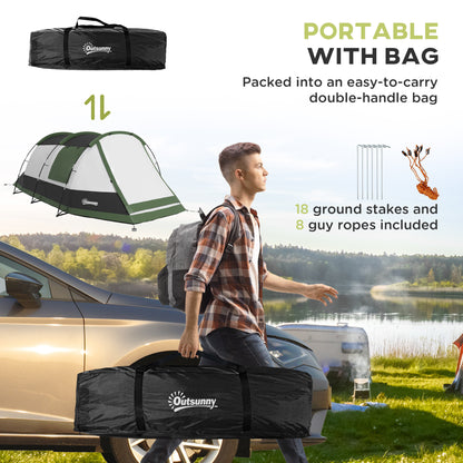 Outsunny 3-4 Man Camping Tent, Family Tunnel Tent, 2000mm Waterproof, Portable with Bag, Green