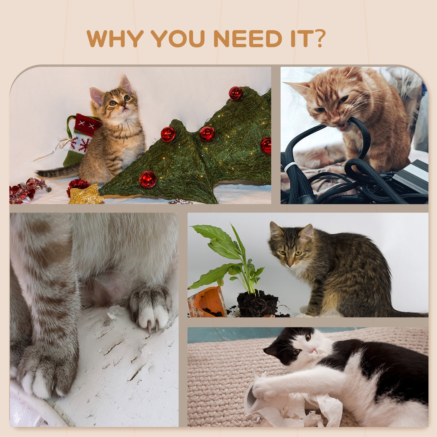 PawHut 4 Piece Wall-Mounted Cat Shelves w/ Scratching Post, Hammock, Nest, Grey and Cream