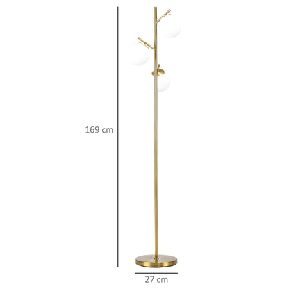 3-Light Tree Floor Lamps for Living Room, Modern Standing Lamp for Bedroom with Globe Lampshade, Steel Base, (Bulb not Included), Gold Tone