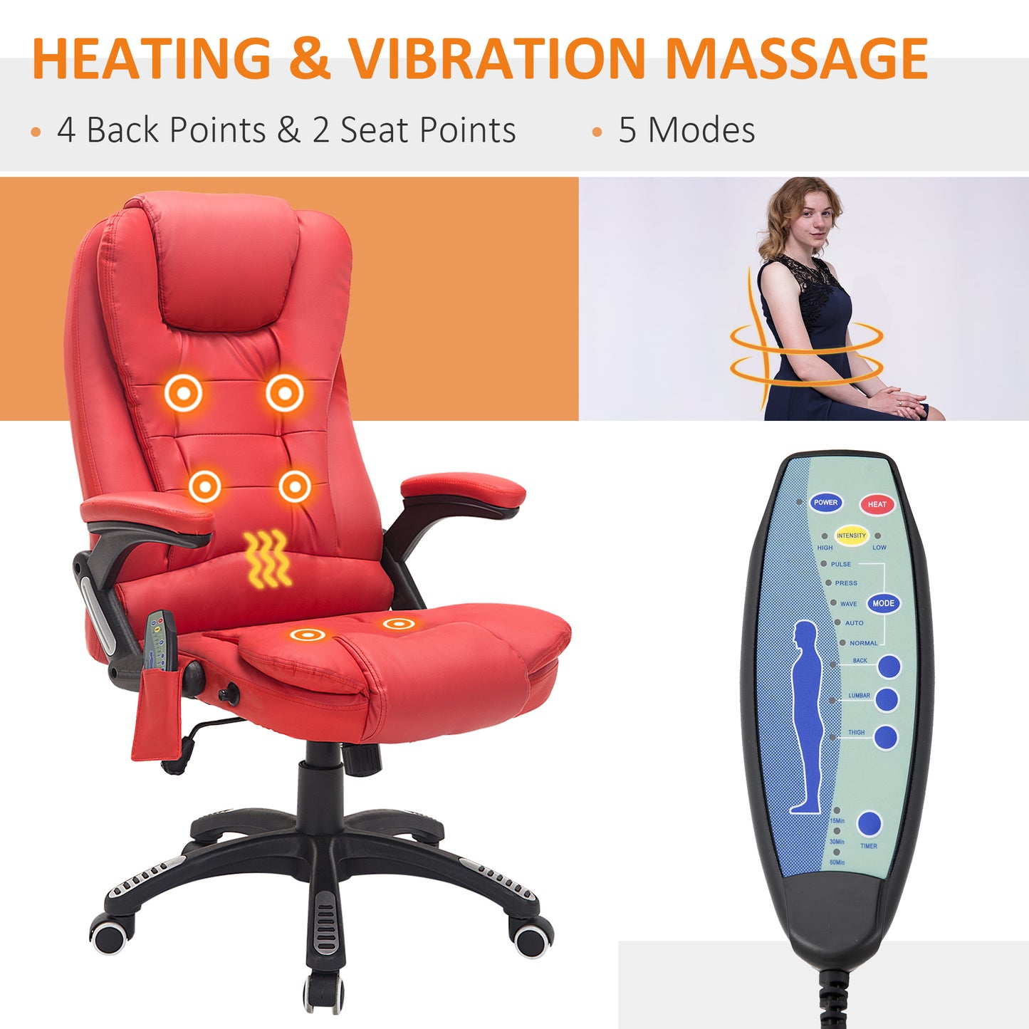 Heated Vibrating Massage Office Chair With Reclining Function, Red