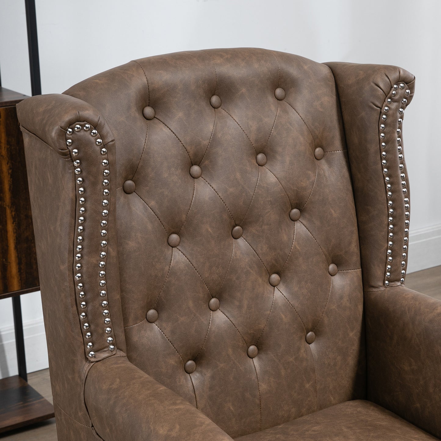 Retro Vintage Wingback Accent Chair Tufted Chesterfield-style Armchair with Nail Head Trim for Living Room Bedroom Brown