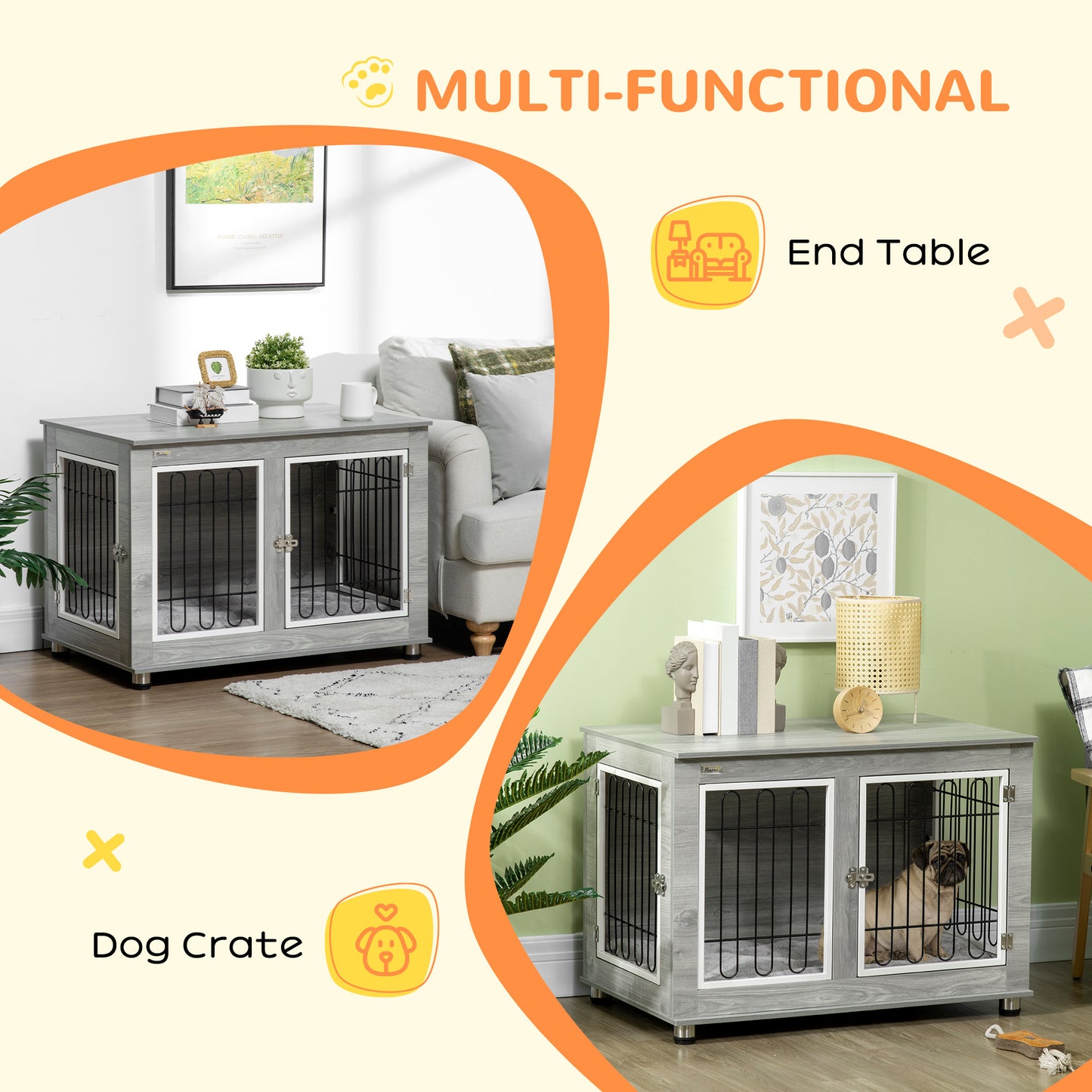 Dog Crate Furniture Side Table | Washable Cushion | Wire Mesh | Two Doors | Medium & Large Dogs up to 25kg | 90 x 58 x 65cm | Grey & White