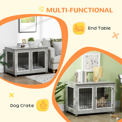 Dog Crate Furniture Side Table | Washable Cushion | Wire Mesh | Two Doors | Medium & Large Dogs up to 25kg | 90 x 58 x 65cm | Grey & White