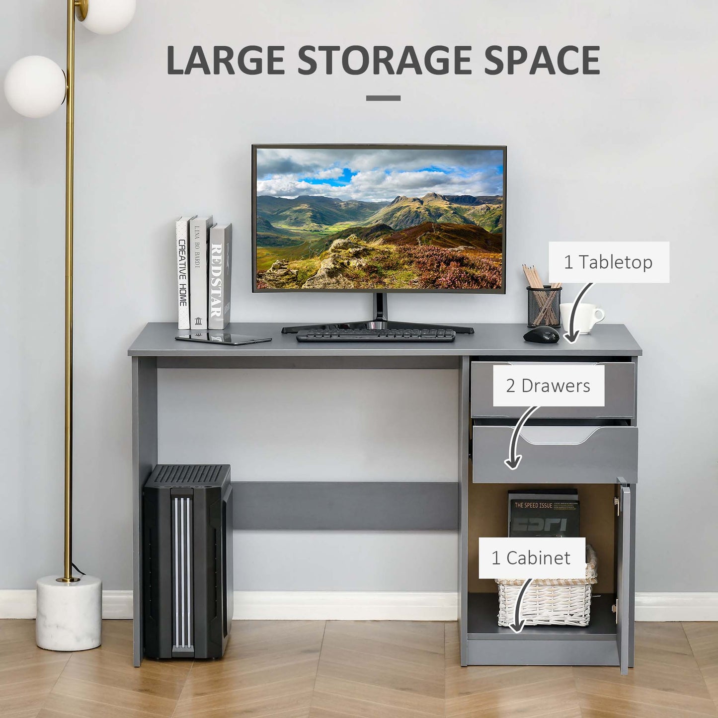 High Gloss Computer Desk with Drawers, Modern Writing Workstation with Storage Cabinet, PC Study Table for Home, Office, Study, Grey