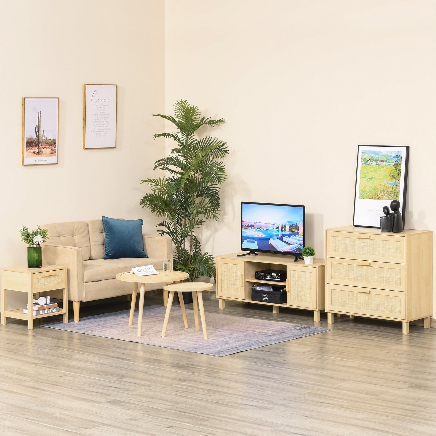 Nightstand with Rattan Drawer and Storage Shelf, Bedside End Table for Bedroom, Living Room Organizer