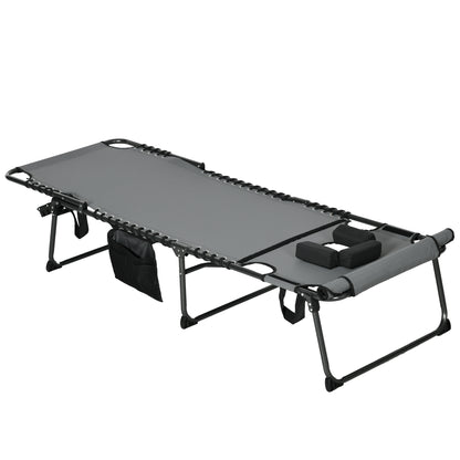 Folding Sun Lounge With 5-level Reclining Back Outdoor Tanning Chair With Reading Hole, Lounger With Side Pocket, Headrest - Grey