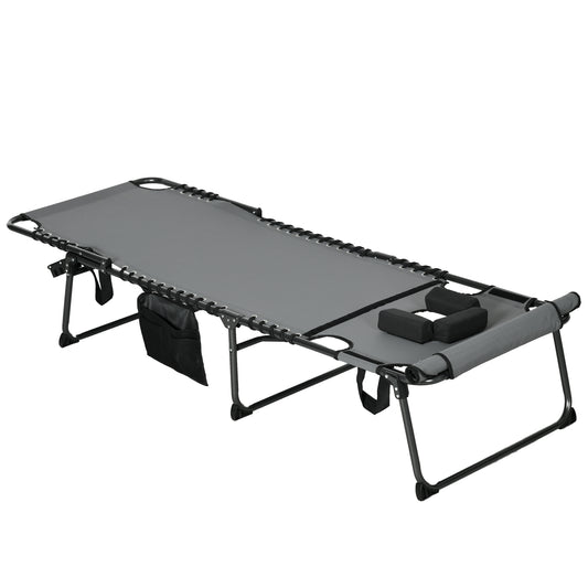 Folding Sun Lounge With 5-level Reclining Back Outdoor Tanning Chair With Reading Hole, Lounger With Side Pocket, Headrest - Grey