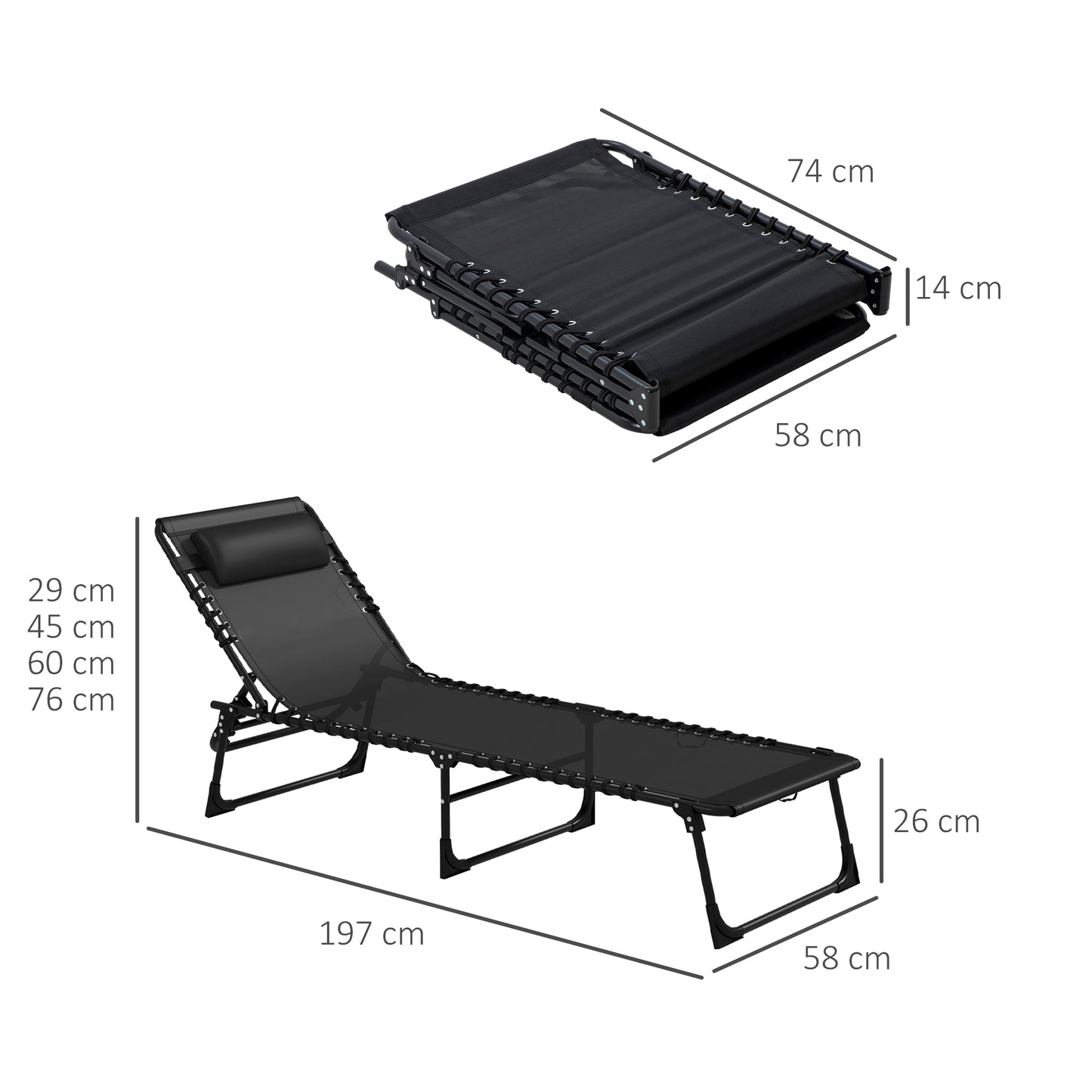 Outsunny 2 Piece Folding Sun Lounger Beach Chaise Chair Garden Cot Camping Recliner with 4 Position Adjustable Black