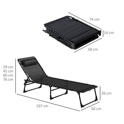 Outsunny 2 Piece Folding Sun Lounger Beach Chaise Chair Garden Cot Camping Recliner with 4 Position Adjustable Black