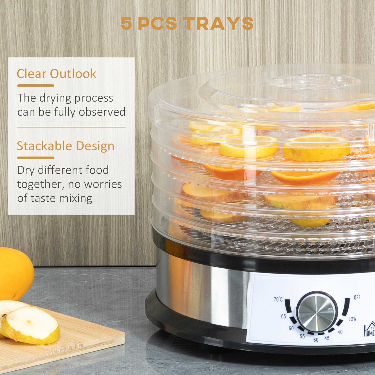 HOMCOM 5 Tier Food Dehydrator, 250W Stainless Steel Food Dryer Machine with Adjustable Temperature for Drying Fruit, Meat, Vegetable, Silver