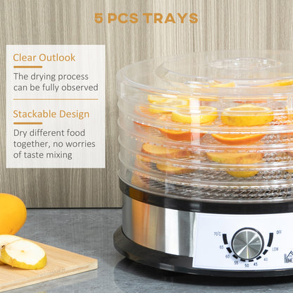 HOMCOM 5 Tier Food Dehydrator, 250W Stainless Steel Food Dryer Machine with Adjustable Temperature for Drying Fruit, Meat, Vegetable, Silver