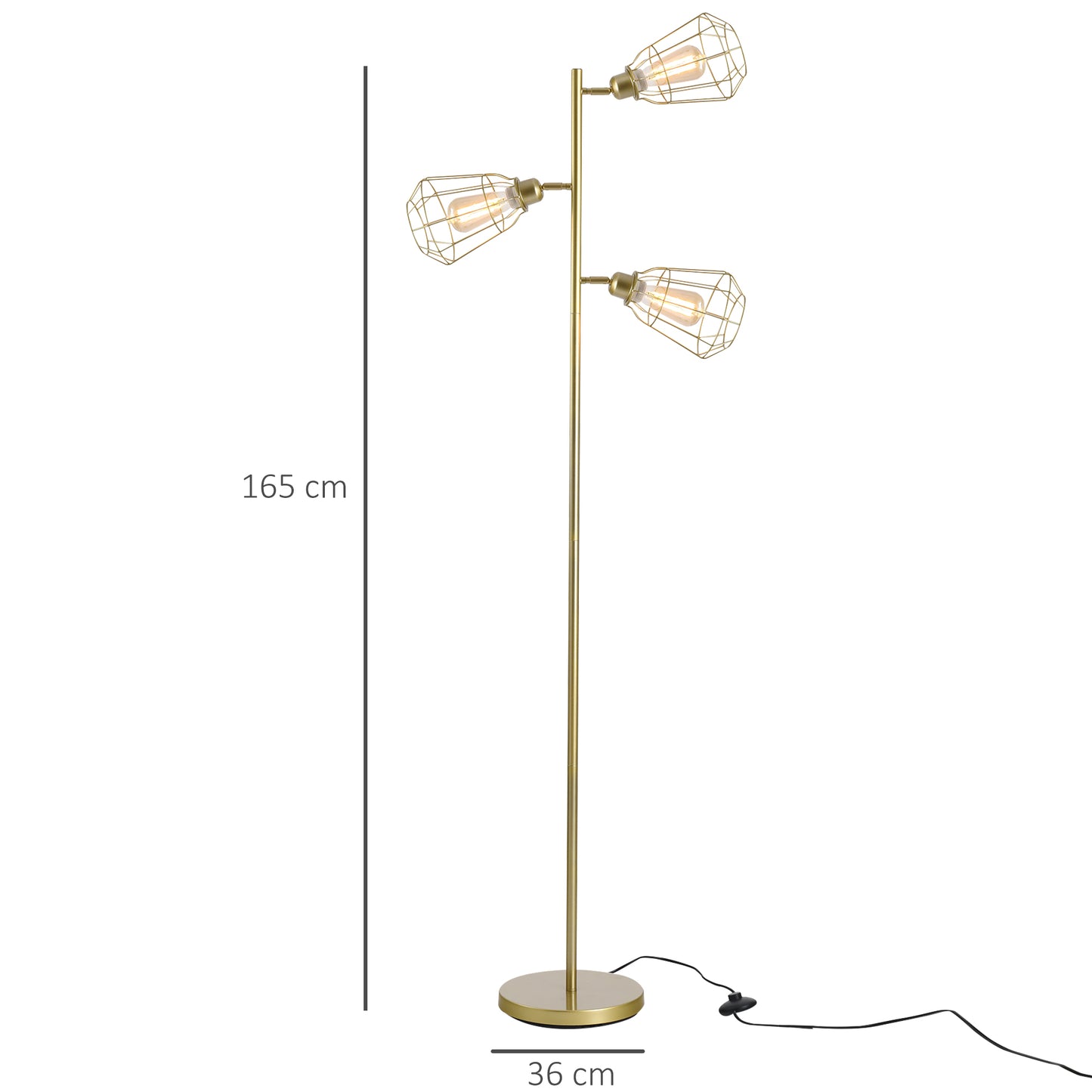 Retro Style Practical Tree Floor Lamp 3 Angle Adjustable Lampshade Steel Base for Living Room Bedroom Office Gold 165cm