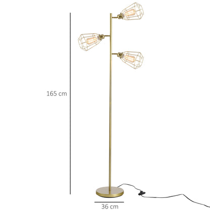 Retro Style Practical Tree Floor Lamp 3 Angle Adjustable Lampshade Steel Base for Living Room Bedroom Office Gold 165cm