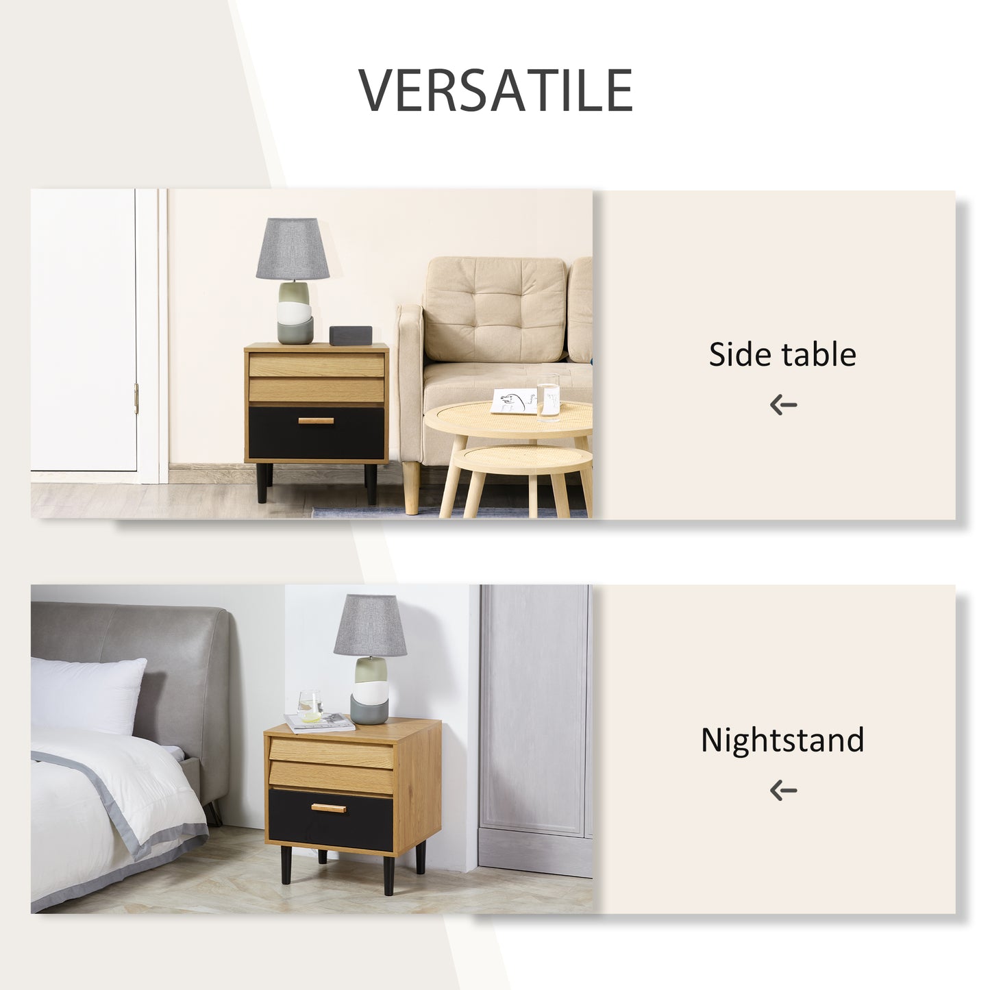 Bedside Table Cabinet Storage Chest with 2 Drawers Nordic Style for Bedroom Living Room Black