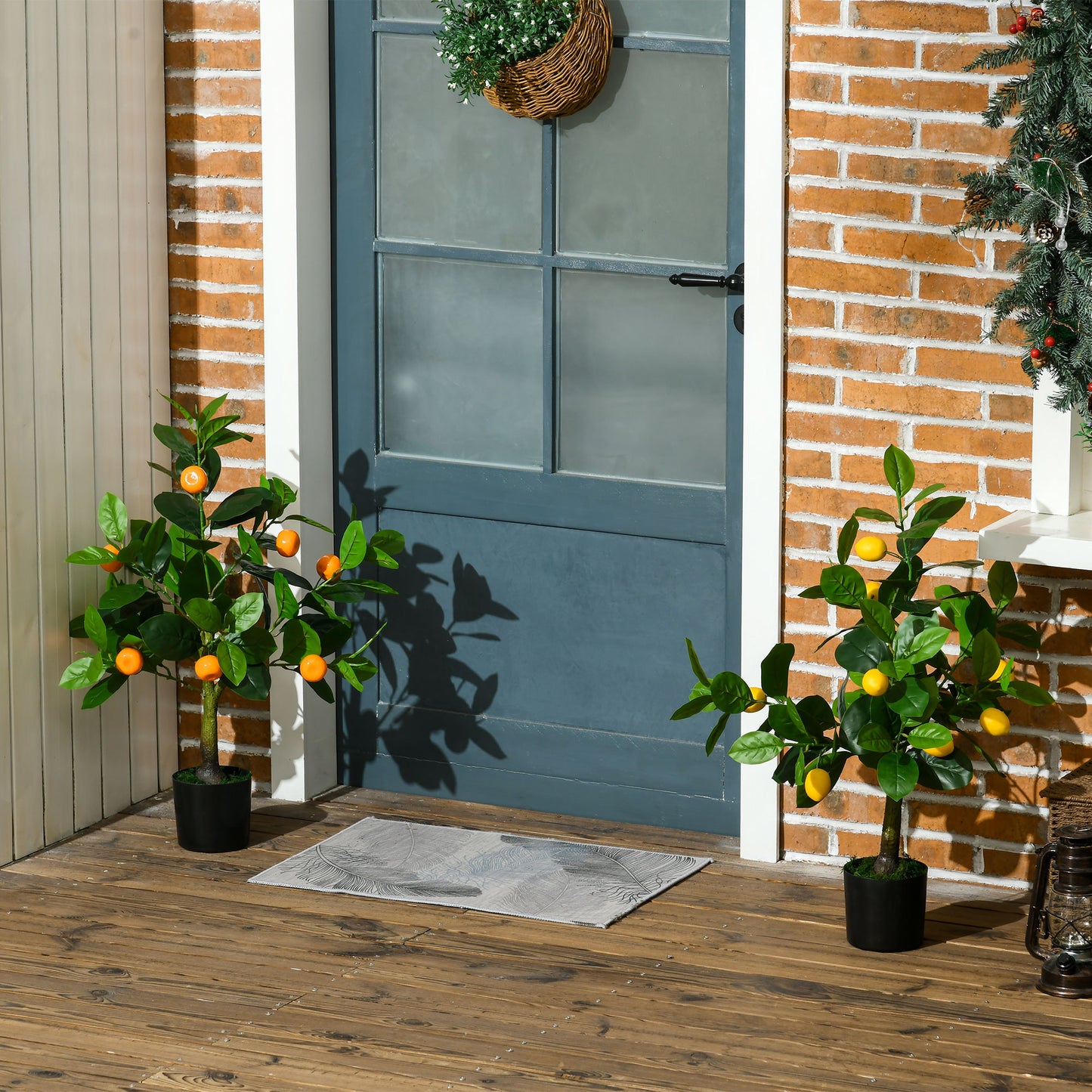 Set of 2 Artificial Plants, Lemon and Orange Tree with Pot, for Home Indoor Outdoor Decor, 60cm