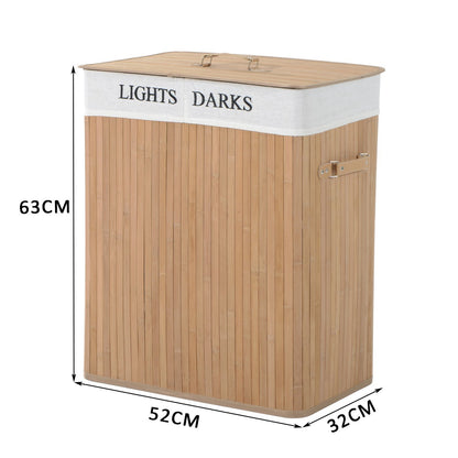 Collapsible Natural Wood Laundry Hamper Organizer Clothes Washing Basket Bin Storage Box w/Lid Removable Lining 52x32x63cm, Wood Colour 100L