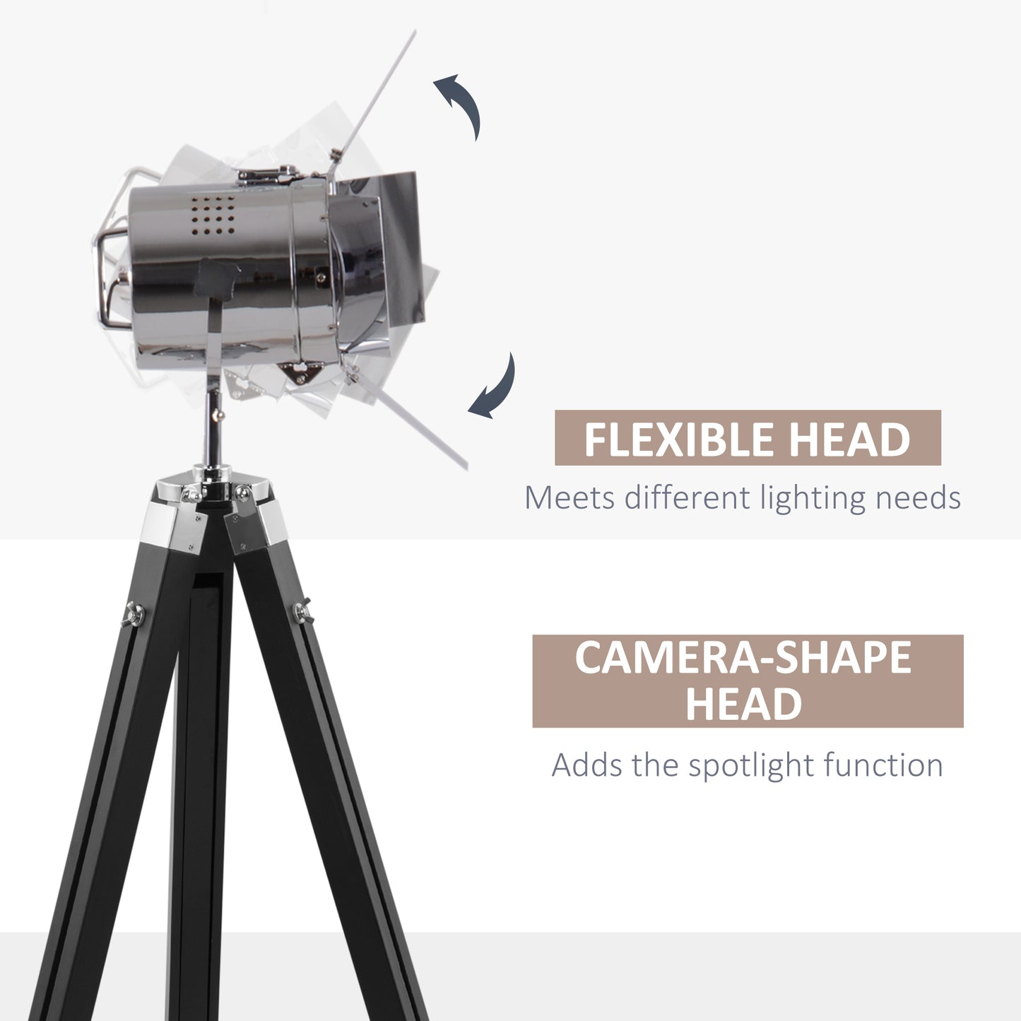 Industrial Tripod Floor Lamp, Nautical Cinema Standing Spotlight with Wood Legs and Adjustable Height for Living, Bedroom, Black and Silver