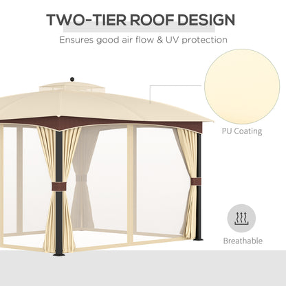 Outsunny 4 x 3(m) Patio Gazebo, Garden Canopy Shelter with Double Tier Roof, Removable Netting and Curtains for Lawn, Poolside, Khaki