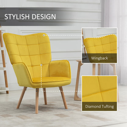 Modern Accent Chair Velvet-Touch Tufted Wingback Armchair Upholstered Leisure Lounge Sofa Club Chair with Wood Legs, Set of 2, Yellow