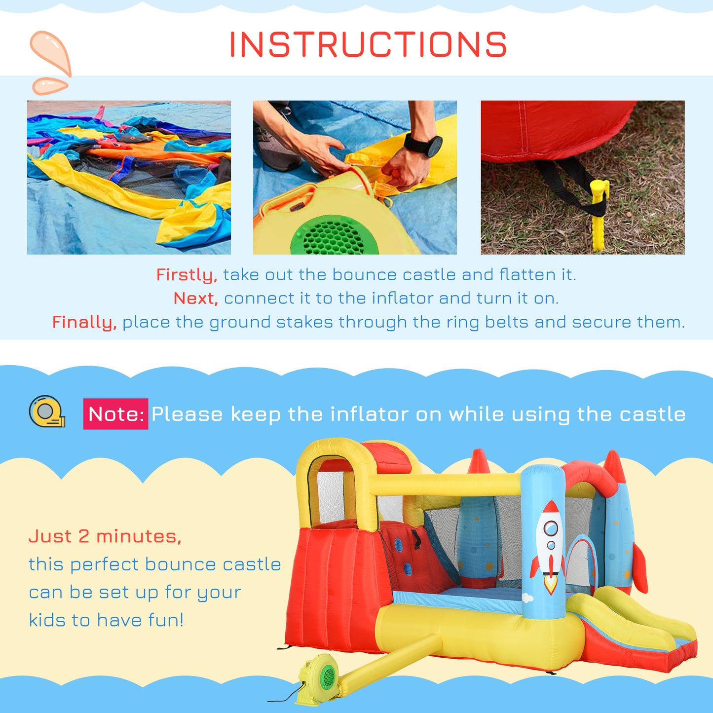 Outsunny Kids Bounce Castle House Inflatable Trampoline Slide Water Pool 3 in 1 with Blower for Kids Age 3-10 Rocket Design 3.3 x 2.65 x 1.85m