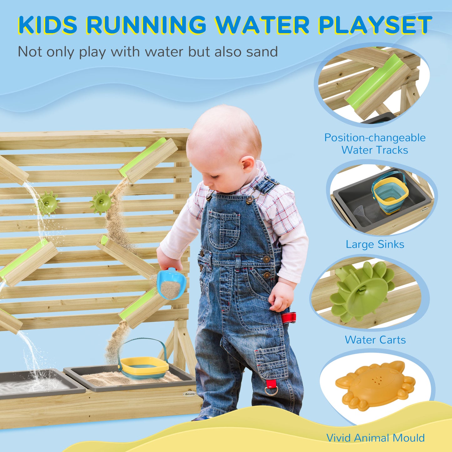 Outsunny Natural Wooden Outdoor Kids Running Water and Sand Playset, with 18 Accessories