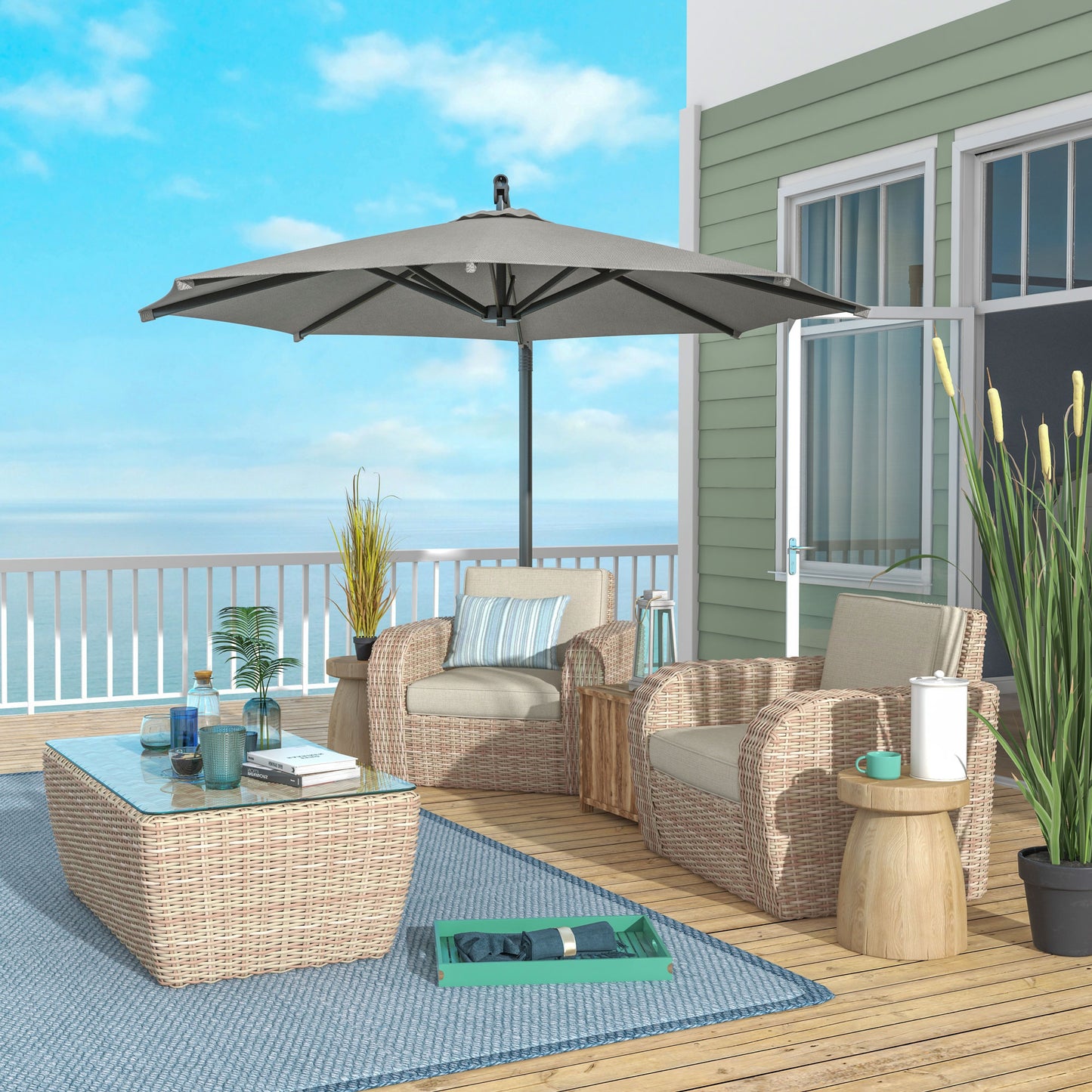 Outsunny 3 m Cantilever Banana Parasol with Cross Base, 360° Rotation Patio Umbrella with Crank Handle, Tilt, Light Grey
