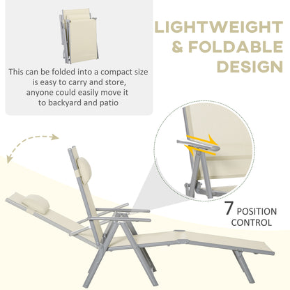 Outsunny Outdoor Folding Chaise Lounge Chair Recliner with Portable Design & 7 Adjustable Backrest Positions ， Steel Fabric Sun Lounger- Beige