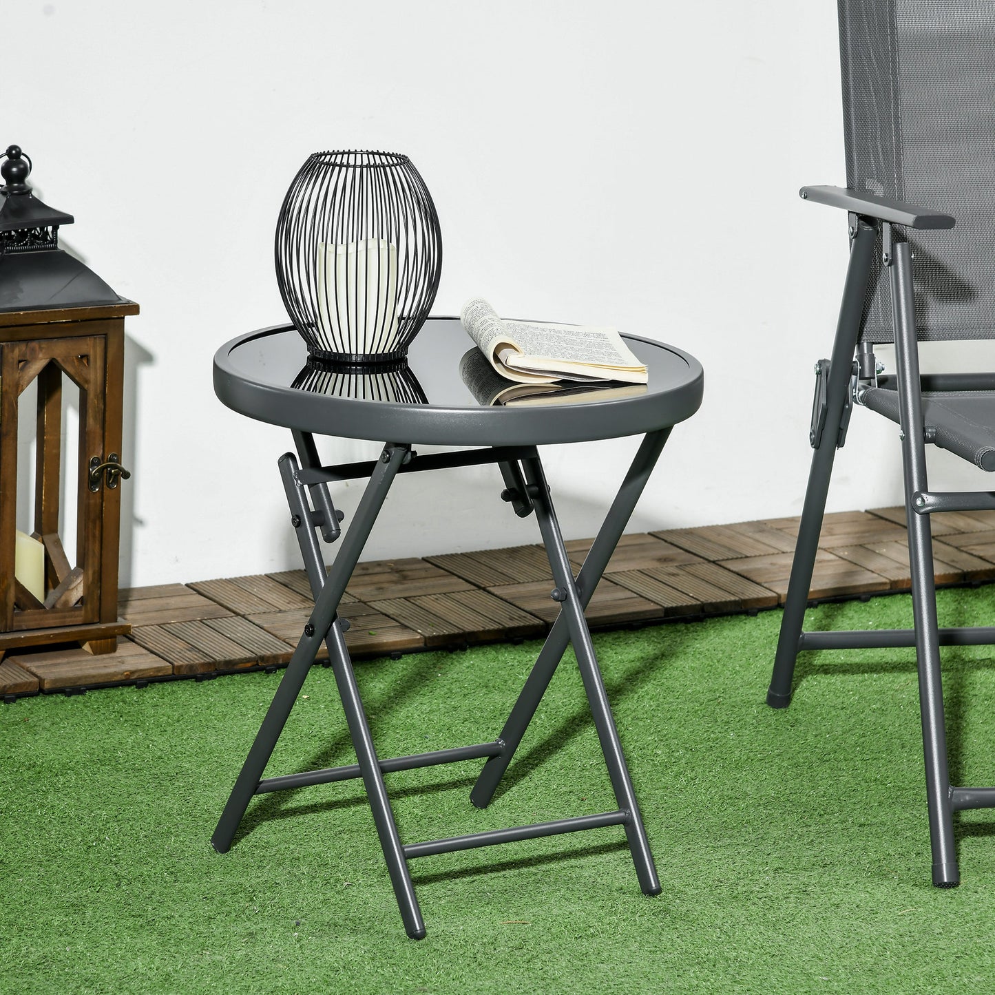 Outsunny Φ45cm Outdoor Side Table, Round Folding Patio Table with Imitation Marble Glass Top, Small Coffee Table
