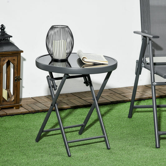 Outsunny Φ45cm Outdoor Side Table, Round Folding Patio Table with Imitation Marble Glass Top, Small Coffee Table